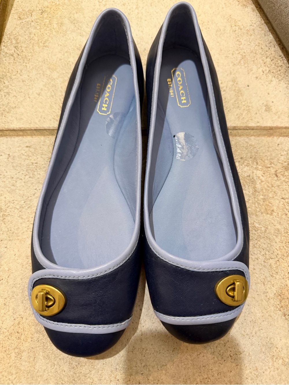 Coach Navy and Light Blue Leather Ballet Flats with Gold Turnlock